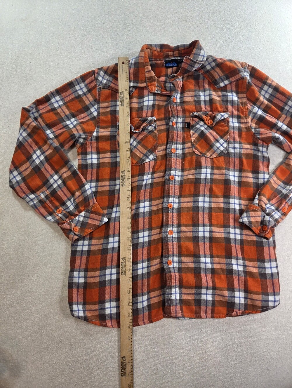 KAVU Flannel Shirt Mens L Orange Plaid Western Outdoor 100% Cotton - Picture 4 of 6